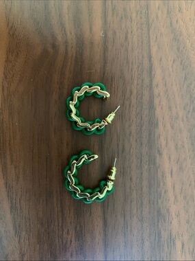 Gold Chain Hoop Earrings with Green Accent - Women Jewelry